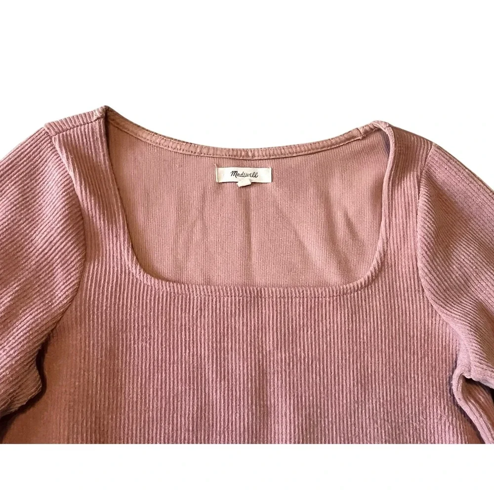 Madewell Square Neck Ribbed Puff Sleeve Top Dusty Rose Pink Womens Small‎